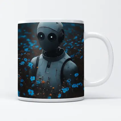 Lonely Robot Standing in Blue Flower Field