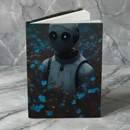 Lonely Robot Standing in Blue Flower Field