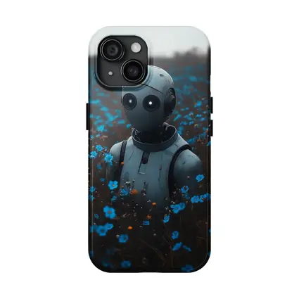 Lonely Robot Standing in Blue Flower Field