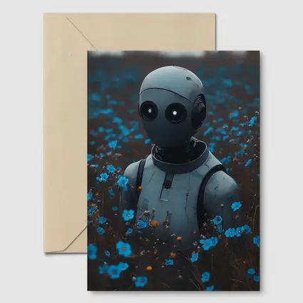 Lonely Robot Standing in Blue Flower Field