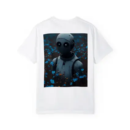Lonely Robot Standing in Blue Flower Field