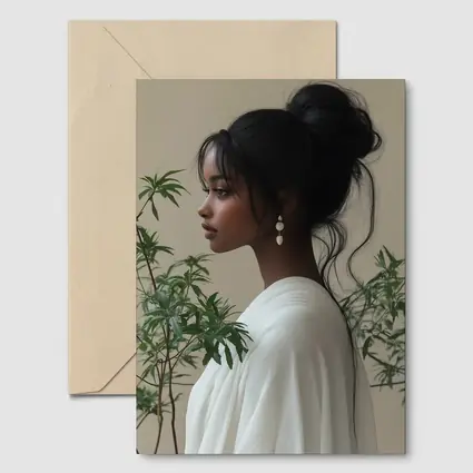 Elegant Woman Portrait Green Plants Beige Background
