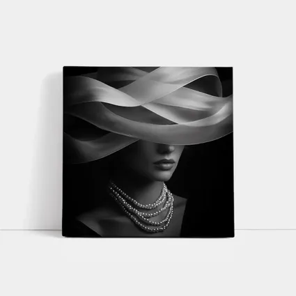 Elegant Woman Pearl Necklace Wide Hat Black