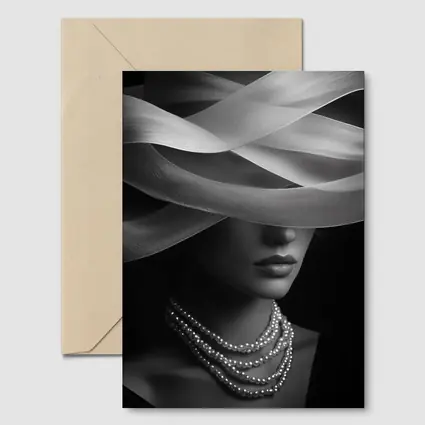 Elegant Woman Pearl Necklace Wide Hat Black