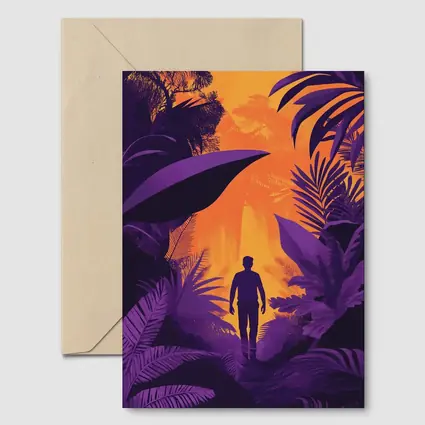 Man Silhouette Walking Through Purple Jungle