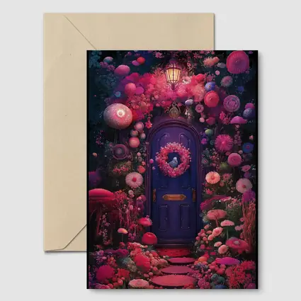 Purple Door Surrounded By Magical Fantasy Flowers