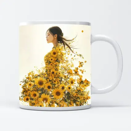 Woman Silhouette Blooming Sunflowers White Background