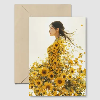 Woman Silhouette Blooming Sunflowers White Background