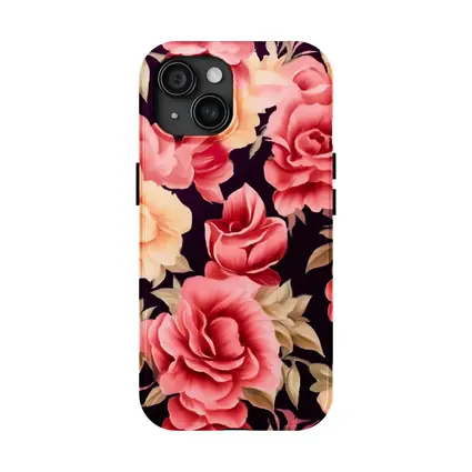 Pink Peach Roses Floral Pattern Dark Background