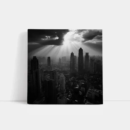 Black and White City Skyline Sun Rays