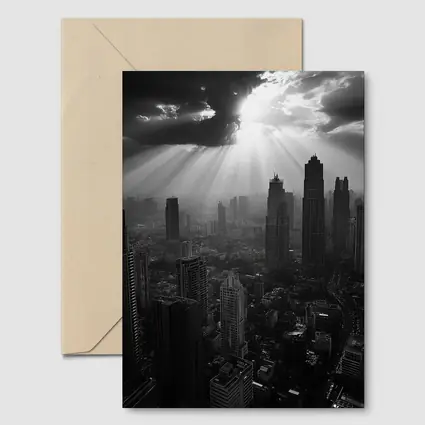 Black and White City Skyline Sun Rays