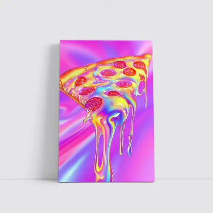 Holographic Dripping Pizza Slice Neon Background