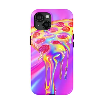 Holographic Dripping Pizza Slice Neon Background