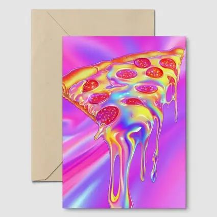 Holographic Dripping Pizza Slice Neon Background