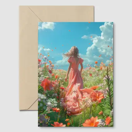 Woman in Pink Dress Walking Flower Field