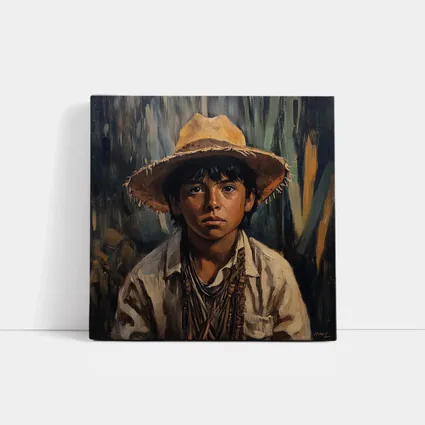 Young Boy Oil Painting Portrait Straw Hat