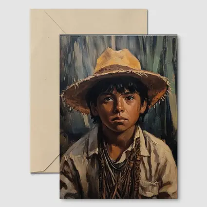 Young Boy Oil Painting Portrait Straw Hat