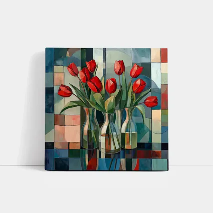 Red Tulips Glass Vases Cubist Style