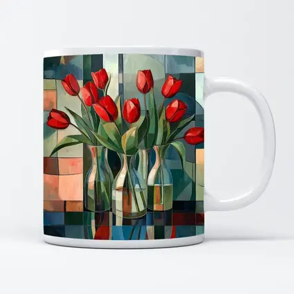 Red Tulips Glass Vases Cubist Style