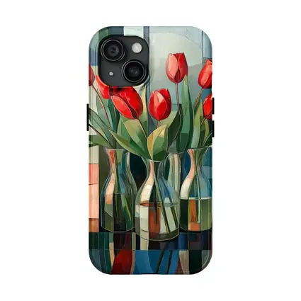 Red Tulips Glass Vases Cubist Style