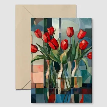 Red Tulips Glass Vases Cubist Style
