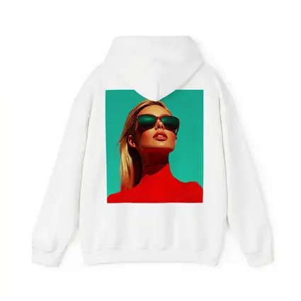 Blonde Woman Red Turtleneck Teal Background