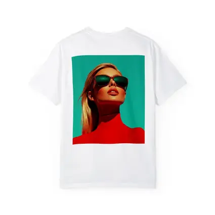 Blonde Woman Red Turtleneck Teal Background
