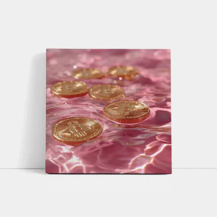 Gold Bitcoin Coins Floating Pink Water