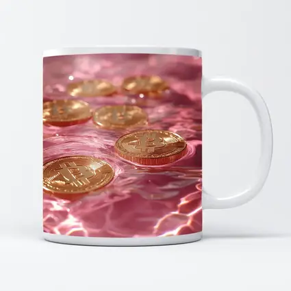 Gold Bitcoin Coins Floating Pink Water