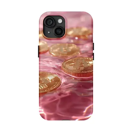 Gold Bitcoin Coins Floating Pink Water