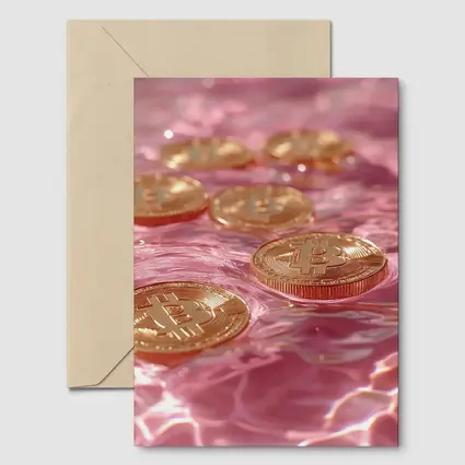 Gold Bitcoin Coins Floating Pink Water