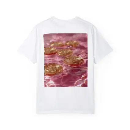 Gold Bitcoin Coins Floating Pink Water