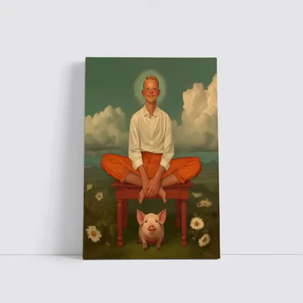 Boy With Halo Sitting Above Pink Pig