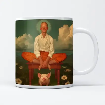 Boy With Halo Sitting Above Pink Pig