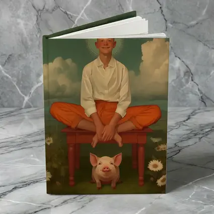 Boy With Halo Sitting Above Pink Pig