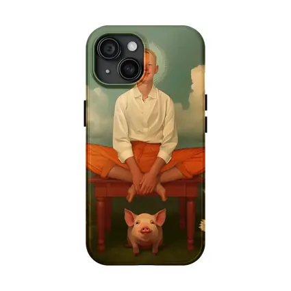 Boy With Halo Sitting Above Pink Pig