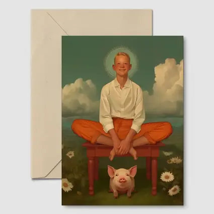 Boy With Halo Sitting Above Pink Pig