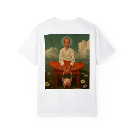 Boy With Halo Sitting Above Pink Pig