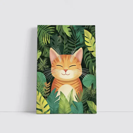 Happy Orange Tabby Cat Tropical Jungle Leaves