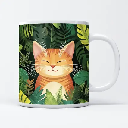 Happy Orange Tabby Cat Tropical Jungle Leaves