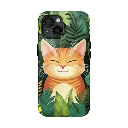 Happy Orange Tabby Cat Tropical Jungle Leaves