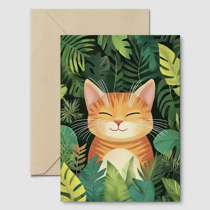 Happy Orange Tabby Cat Tropical Jungle Leaves