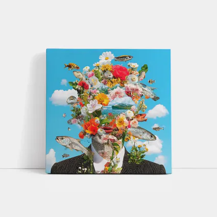Surreal Floral Fish Head Collage Blue Sky