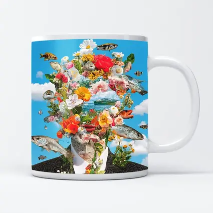 Surreal Floral Fish Head Collage Blue Sky