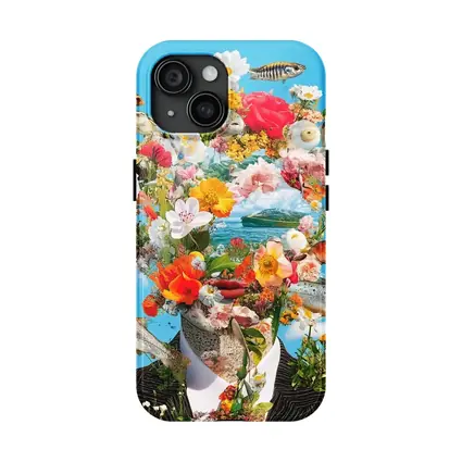 Surreal Floral Fish Head Collage Blue Sky