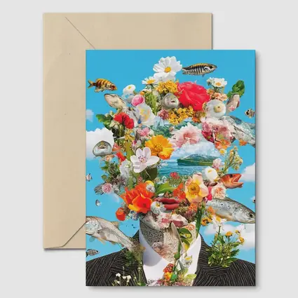 Surreal Floral Fish Head Collage Blue Sky