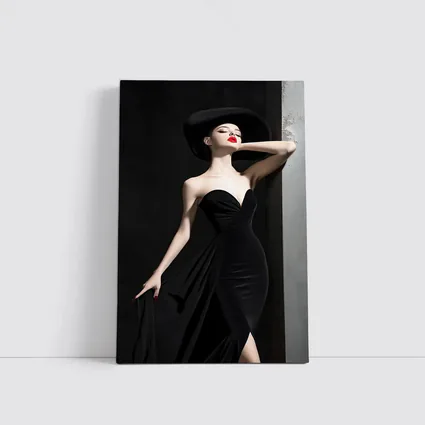 Elegant Woman Black Dress Wide Brim Hat