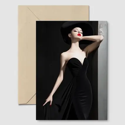 Elegant Woman Black Dress Wide Brim Hat
