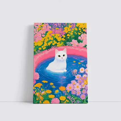 White Cat Sitting in Floral Garden Pool