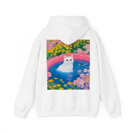 White Cat Sitting in Floral Garden Pool